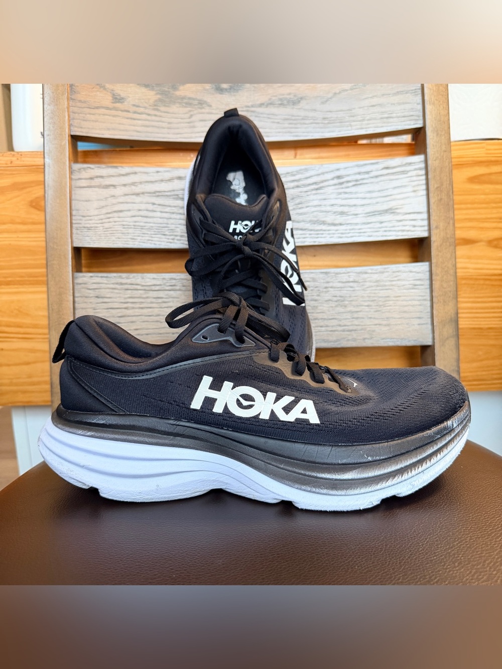 Hoka Bondi 8 running shoes in the black and white sz 10.5 for men